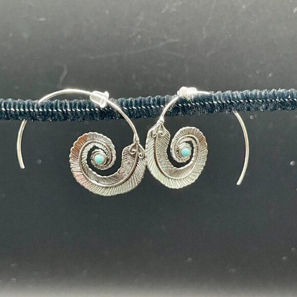 Medium Silver Feather Spiral Earrings in Red or Turquoise Blue #686 - Picture 10 of 11